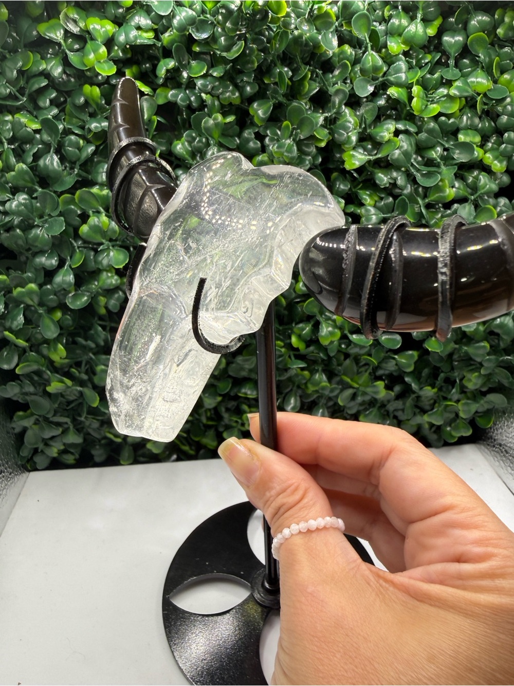 Stunning Hand-Carved Clear Quartz & Black Obsidian Bull Skull on Display Stand - Picture 6 of 7